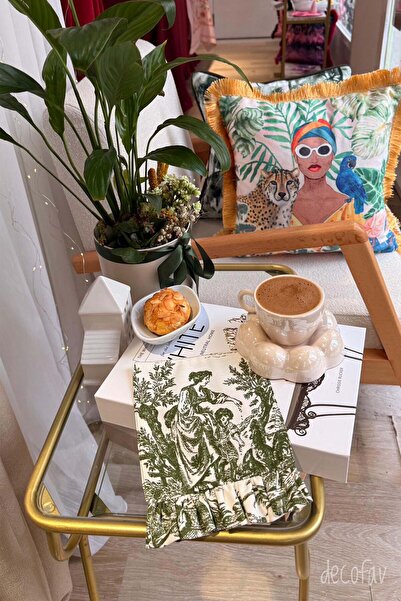 decofav Green Toile Patterned Double-Sided Cocktail Napkin with Ruffle Detail...