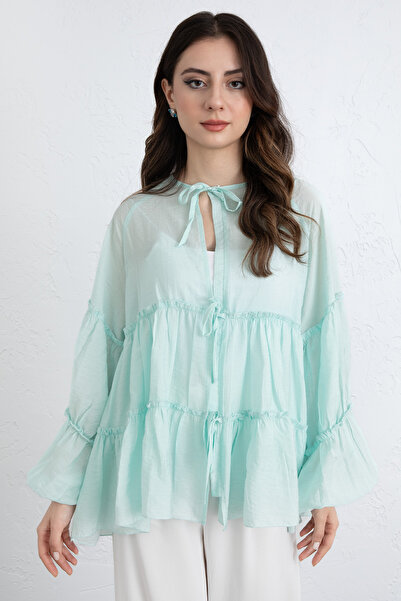 Salih Çelebi Lace-Up Layered Blouse 0073 - Mint Green