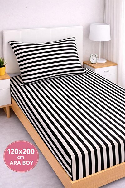 Eponj Home Pes Lastikli Çarşaf Seti OrtaBoy 120x200cm Çizgili Siyah-Beyaz