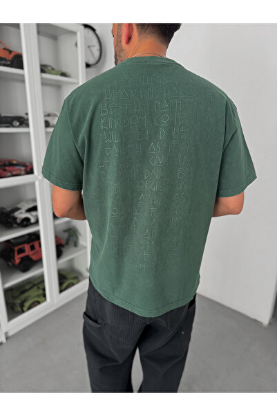 BYBASICMAN Πράσινο T-Shirt με γράμματα στην πλάτη, που πλένεται, σε μεγάλο μέ...