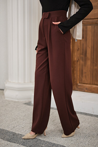 LOCCO Pantaloni de damă din țesătură cu detalii cu cârlige și bucle, maro amar