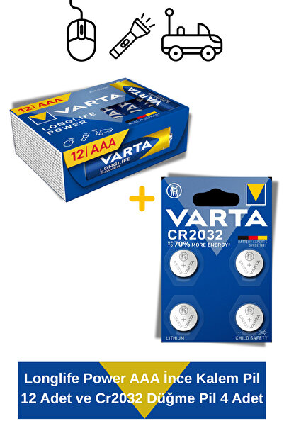 Varta Longlife Power AAA İnce Kalem Pil 12 Adet ve Cr2032 Düğme Pil 4 Adet