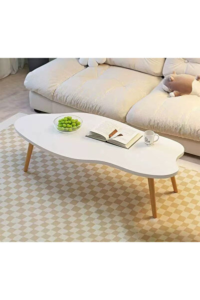 Generic طاولة قهوة أنيقة على شكل سحابة بأرجل خشبية - 80×40×42 سم - أبيض دافئ