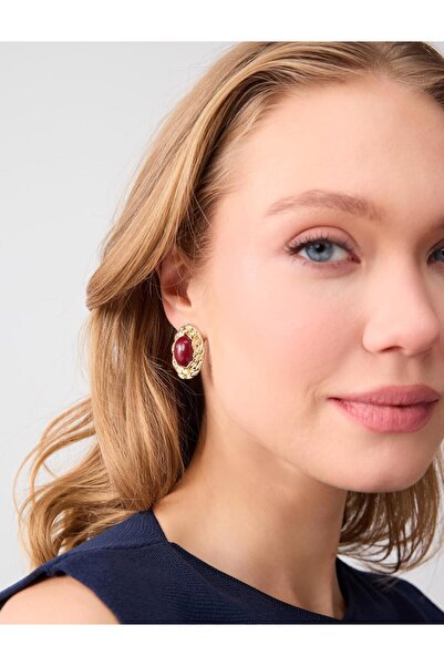 Jimmy Key Bordo Büyük Taş Detaylı Parlak Küpe