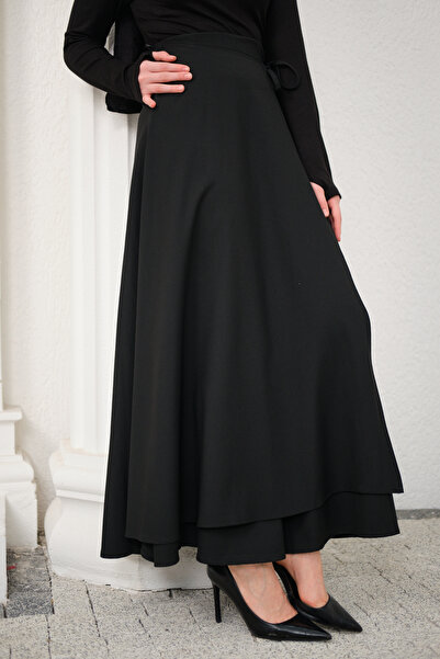 LOCCO Γυναικεία φούστα με σχισμή και λεπτομέρεια με κορδέλα, Μαύρη