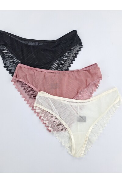 Butik 3'lü Önü Tüllü Arkası Dantelli Tanga Külot Brezilya Kesim Tanga Likralı...