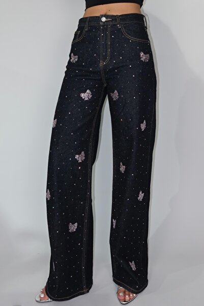 NicoleShop Wide Leg Dark Blue Jeans with Crystal Bows – Coquette Sparkle
