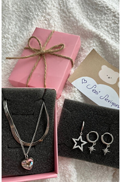 Barila Luxe 2'Li Set Çelik Silver İkili Kalp Kolye Ve Çelik 3'Lü Yıldız Küpe ...
