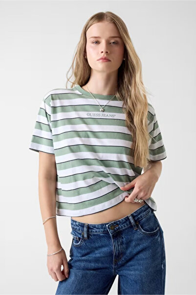 Guess Women's Boxy Fit Striped T-Shirt - Green