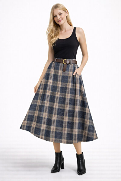 Butik Ayseba Park Moda Plaid Pattern Belt Detailed Camisole Italian Long Skirt