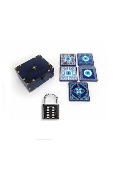 Handmade Glass Art Tiles Evil Eye 5 Coasters + FREE Blue Wooden Gift Box & Lock