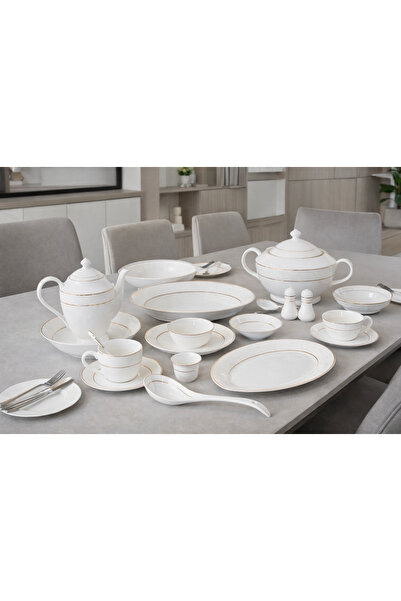 Dania Luxury white porcelain dinner set with gold rims – 70 pieces, enough fo...