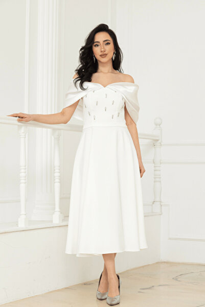 BEYBOS Φόρεμα μίντι από ύφασμα κρεπ με πέτρινη λεπτομέρεια - ΛΕΥΚΟ