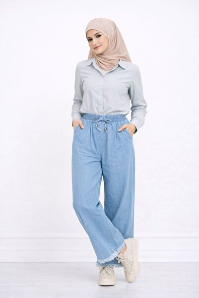 HİRA LİFE FASHİON Women's Denim Fabric Loose Trousers with Tassels and Lace-U...