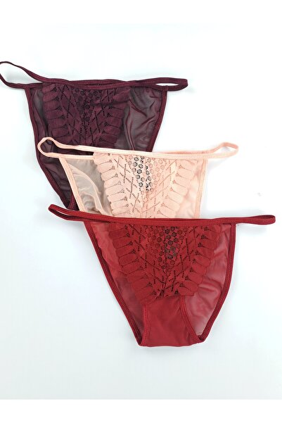 Butik 3'lü Önü Dantelli Arkası Tüllü İpli Külot Brezilya Kesim Tanga Likralı ...