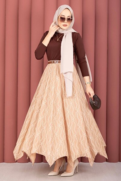 EBRUTESETTÜR Asymmetrical Cut Lace Patterned Skirt Mink