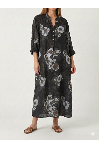 della moor Italian Black Floral Patterned Oversize Long Linen Dress