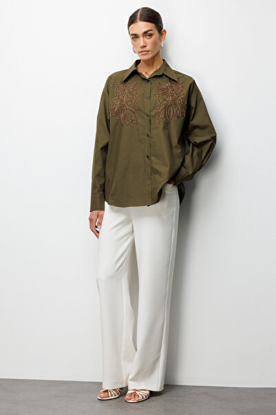 Ekol Beaded Embroidered Long Sleeve Cotton Shirt 2806