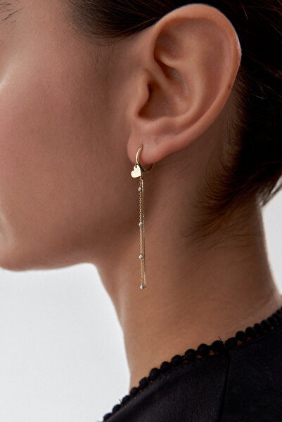 ADOR Altın Kalp Detaylı Zincirli Küpe