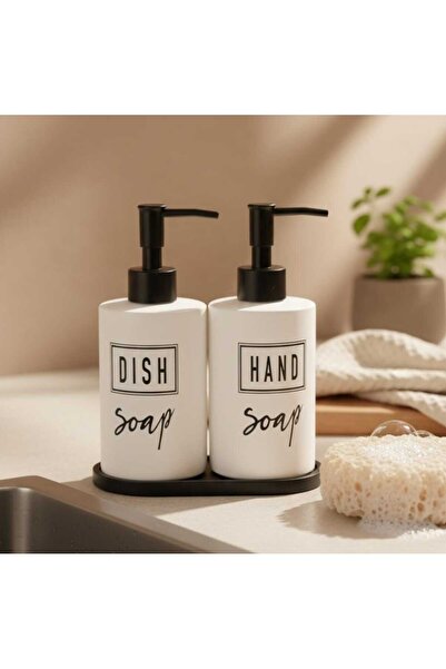 Home White with Black Writing Glass Liquid Soap Dispenser with Double Stand w...