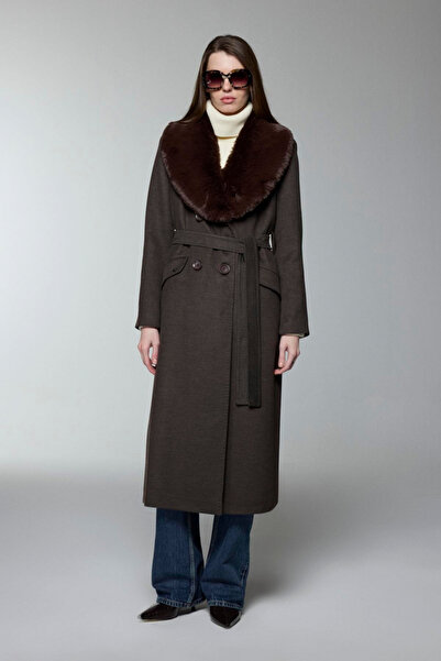 Zühre Collar Fur Detailed Coat Brown Coat 12358