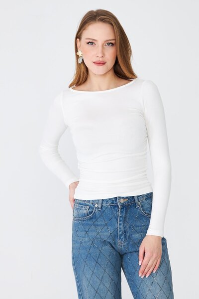 Sortie Women's Boat Neck Slim Fit Blouse with Side Gatherings Ecru