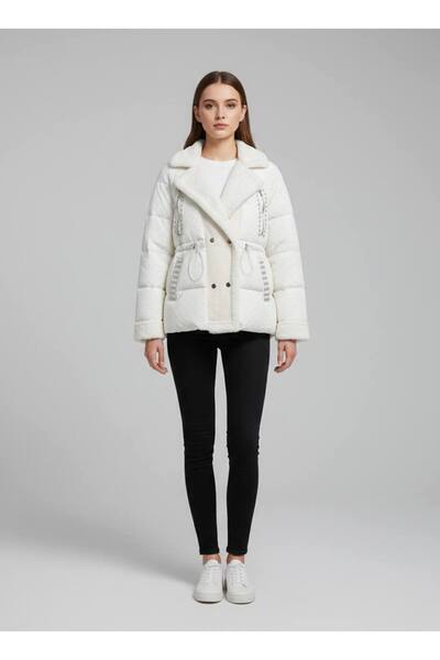 Rabiossa Kadın Peluş Yaka Detaylı Kristal Taş İşlemeli Şişme mont