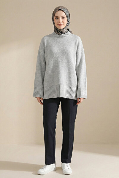 Kirazgym Women's Crew Neck Skirt Ribbed Loose Knit Sweater - Gray