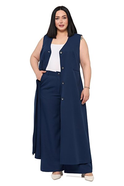 DISENTIS MODEST Plus Size Maxi Vest Pants Navy Blue Two-Piece Set