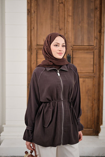 LOCCO Women's Gold Zipper Detail Stitched Jacket Brown