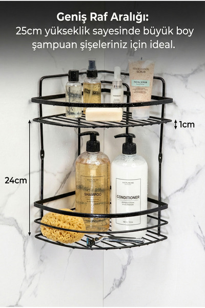 Le Paon 2 Katlı Banyo Köşe Rafı Mat Siyah - 25 cm Geniş Raf Aralığı - Paslanm...