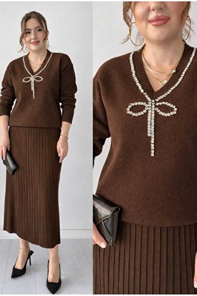 MODA VEDAT Women's Collar Stone Embroidered Skirted Knitwear Set -400-