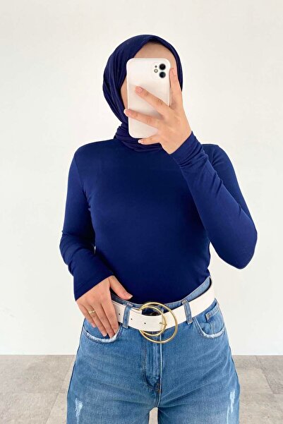 lamelif Yarım Balıkçı Yaka Düz Renk Body Saks Mavisi