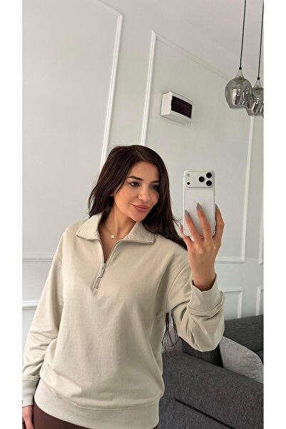 Daves Bej Yarım Fermuarlı Yaka Swatshirt