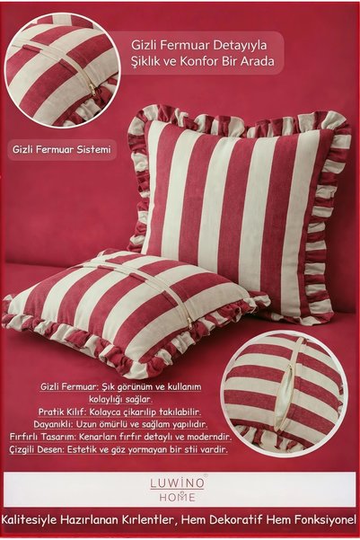 LUWİNO HOME Throw Pillow Cover Ruffled Linen Vintage Stick Series 42 X 42 cm (Set of 2)