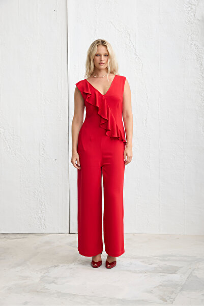 LUOKK VISTI Fırfırlı Kalın Askılı Tulum Kırmızı