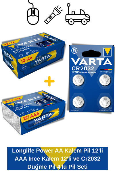 Varta Longlife Power AA Kalem Pil 12'li AAA İnce Kalem 12'li ve Cr2032 Düğme ...