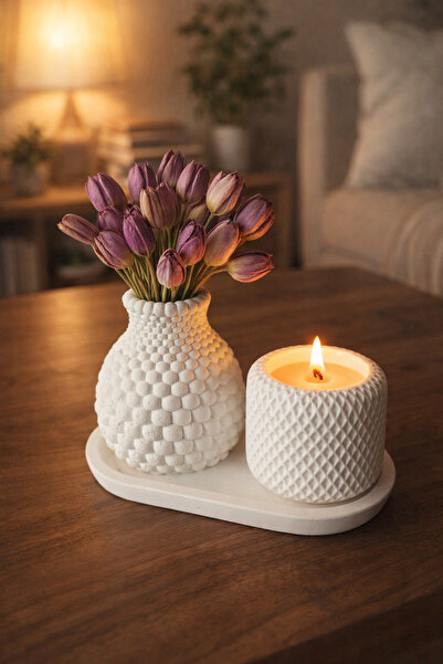 EVROSİ Dekoratif 3 Parça Bubble Vazo & Mum Seti –Çiçekler Ürüne Dahil Değildir