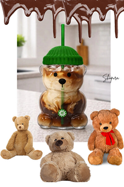 Shopura فنجان قهوة على شكل دب - كوب مزخرف - كوب بغطاء وقشة