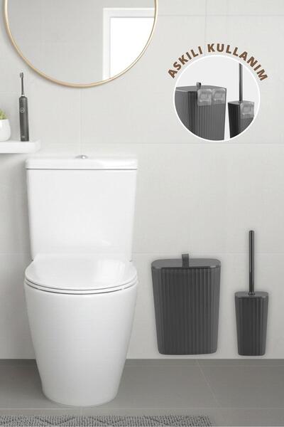 Okyanus Home Safir Yapışkanlı Wc Fırçalık ve Çöp Kovası Seti Antrasit 2'li Ba...