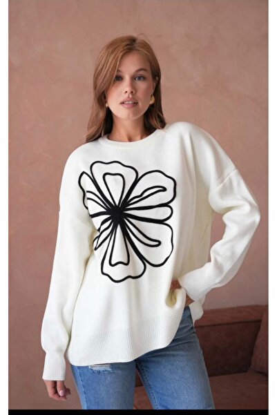 fuşyha butik Oversize Triko Kazak Çiçek Desenli Bisiklet Yaka