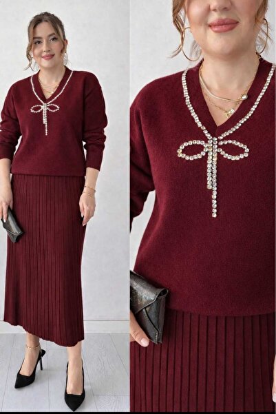 MODA VEDAT Women's Collar Stone Embroidered Skirted Knitwear Set -400-