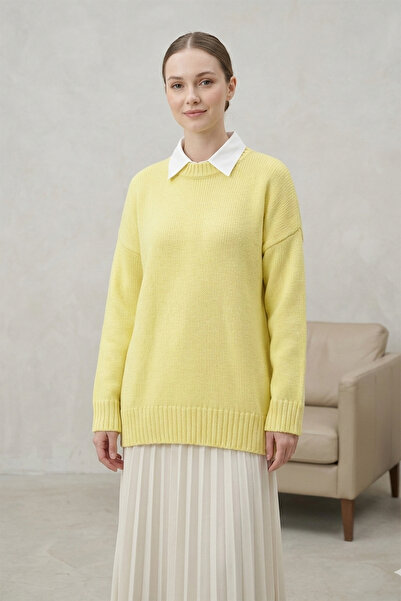 Kirazgym Women's Crew Neck Skirt Ribbed Loose Knit Sweater - Yellow