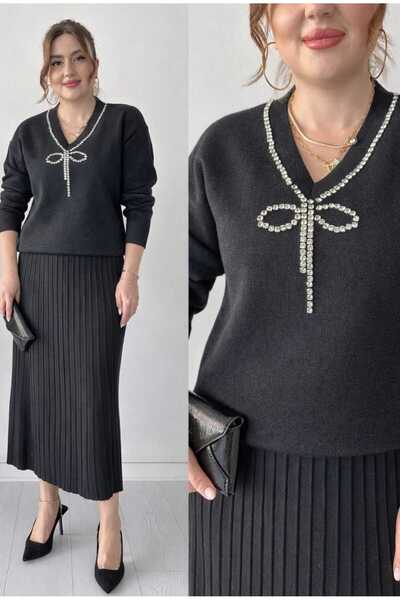 MODA VEDAT Women's Collar Stone Embroidered Skirted Knitwear Set -400-