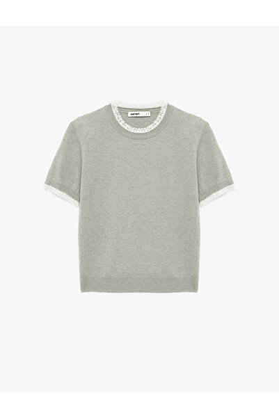 Koton Sheep Wool Blend Short Sleeve Lace Detailed Crew Neck Knitwear Sweater