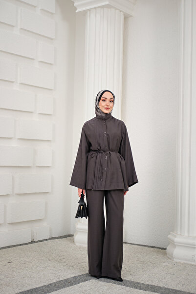 LOCCO Women's Crew Neck Waist Tie Basic Set Anthracite