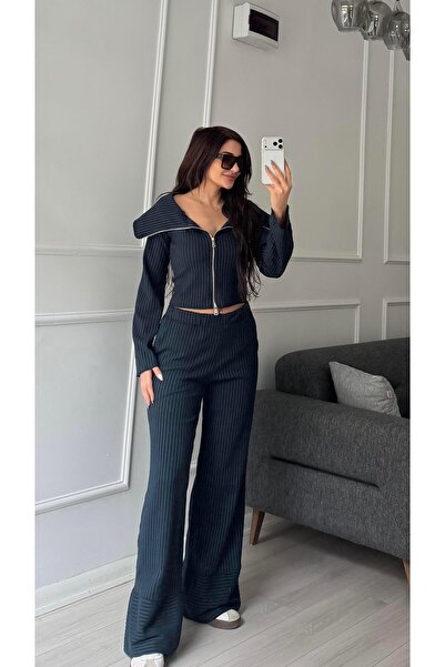 Daves Petrol Green Madonna Collar Zipper Detailed Pants Set