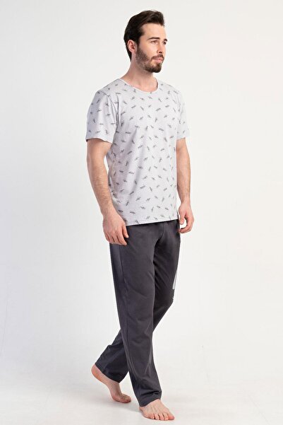 VİENETTA Men's Large Size Short Sleeve 100% Cotton Gray Pajama Set C6T0N3113