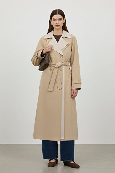 Soul Contrast Collar Detailed Belted Long Trench Coat-32445 - Camel-Stone
