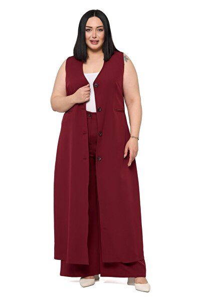DISENTIS MODEST Plus Size Maxi Vest Trousers Burgundy Double Set